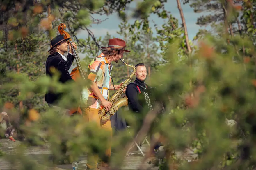 Three musicians are playing in the middle of a forest.
